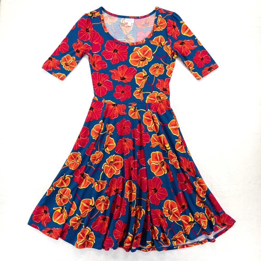 LuLaRoe Nicole Dress Small Blue Red Orange Floral Flare Elbow Sleeve Maximalist